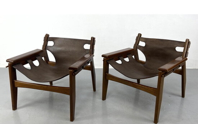 Pr Spanish Leather Sling Seat Lounge Chairs. Safari style Wood Frames.