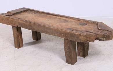 Primitive oak bench with square mortised through legs