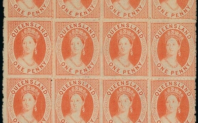 Queensland 1862-67 thick toned paper, no watermark 1d. orange-vermilion block of sixteen (4x4)...