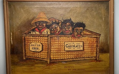 RARE JOE BURKE "CHOCOLATES, JULY 23, 1908", OIL ON CANVAS