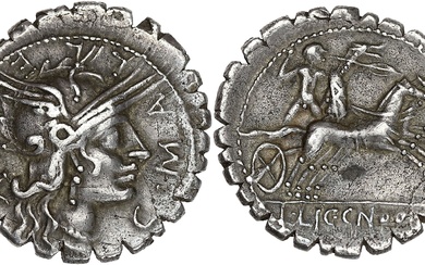 RÉPUBLIQUE ROMAINE C. Malleolus. Denier serratus ND (118 av. J.-C.), Rome. RRC.282/3 ; Argent -...