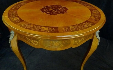 ROUND TABLE LOUIS XV STYLE MARQUETRY INLAY, BRONZE MOUNTED 37 1/4" X 46" DIA.