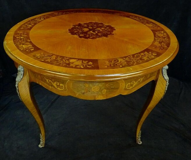 ROUND TABLE LOUIS XV STYLE MARQUETRY INLAY, BRONZE MOUNTED 37 1/4" X 46" DIA.