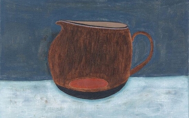Rachel Nicholson, British b.1934 - Jug with red spot on white, 1979; oil on board, signed twice on the reverse of the frame 'Rachel Nicholson' and with artist's label with title and date 'Jug with red spot on white 1979', 24.2 x 24 cm (ARR)...