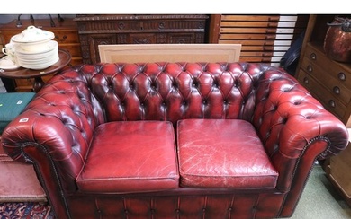 Red Leather Button back Chesterfield 2 seater sofa