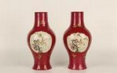 Red glazing ground flowers vases pair