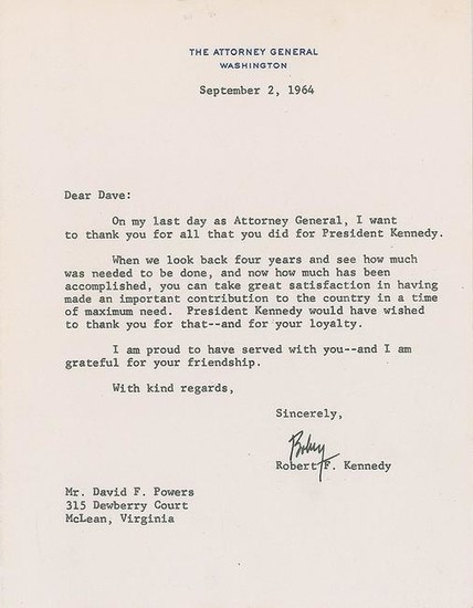 Robert F. Kennedy Typed Letter Signed to Dave Powers on