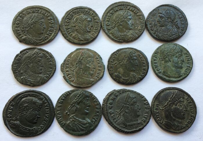Roman Empire - Group of 12x Roman AE folles/nummi: struck during the Constantinian Era. Circa 300-340 A.D. - different emperors & different reverses - Copper