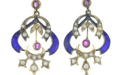 Ruby, split pearl & enamel drop earrings
