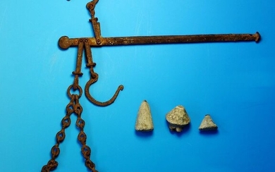 SCARCE Ancient Roman Iron Steelyard Scales With Three Weights - 280mm length - (4)