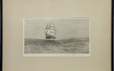 SHIP IN CHOPPY SEAS, AN ETCHING BY LANGMAID