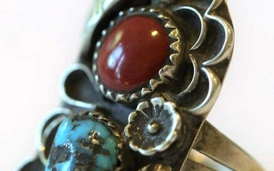 STERLING SILVER TURQUOISE & RED CORAL RING
