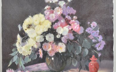 STILL LIFE WITH FLOWERS IN PASTEL COLORS, OIL ON CANVAS, UNKNOWN ARTIST, STUDIO BAJALANLOU, 20TH CENTURY.