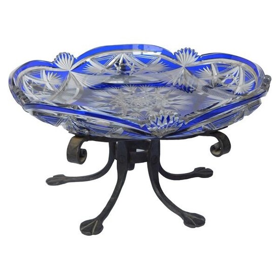 Saint Louis - Large candy bowl richly cut blue overlay, wrought iron base - 1900 - Art Nouveau - Crystal