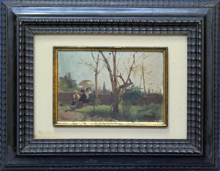 Scorcio del Gianicolo con figure, olio su tavola, cm 25 x 35, entro cornice.