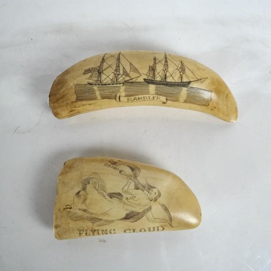 Scrimshaw Tooth Carvings "Rambler", "Flying Cloud"