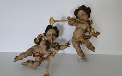 Sculpture, Finely carved putti / angels with wings (2) - Baroque style - Wood - Second half 19th century