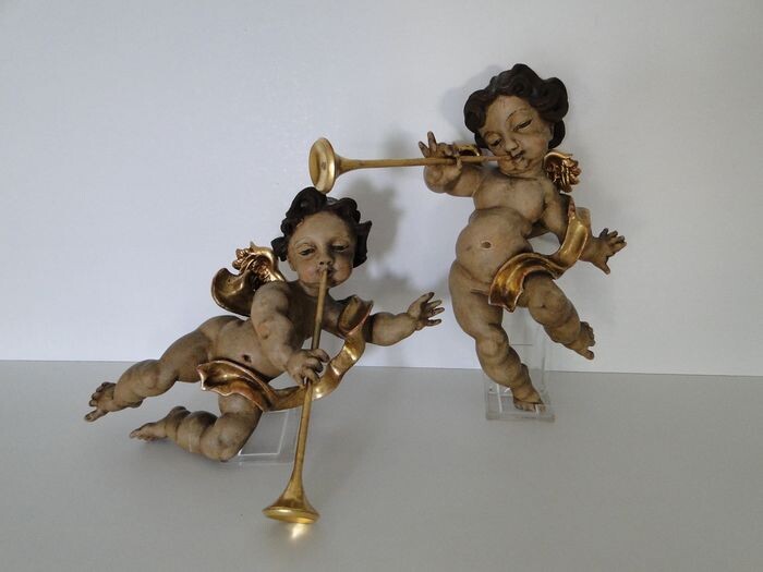Sculpture, Finely carved putti / angels with wings (2) - Baroque style - Wood - Second half 19th century