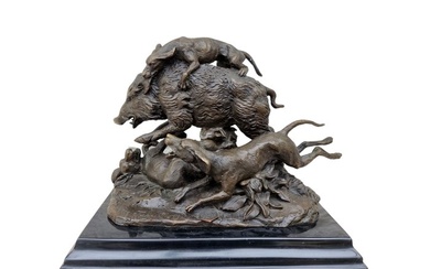 Sculpture, The bear hunt - 18 cm - Bronze, Marble