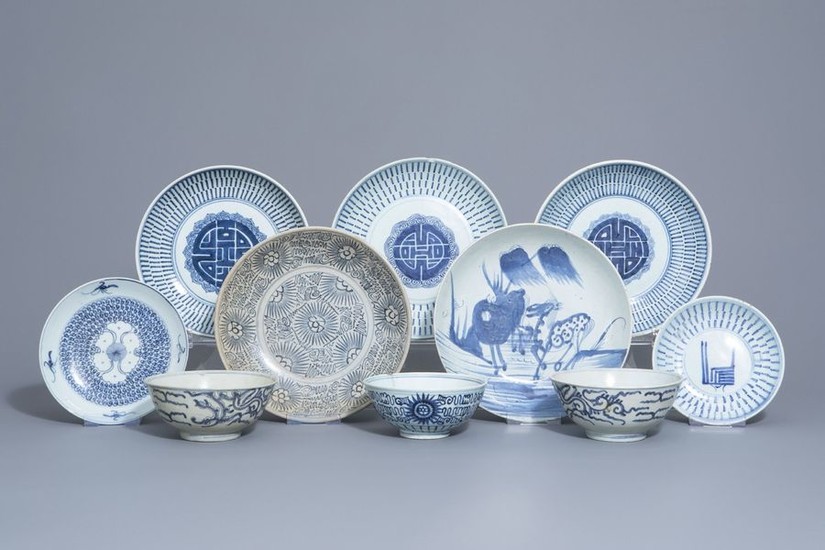 Seven Chinese blue and white plates and three...