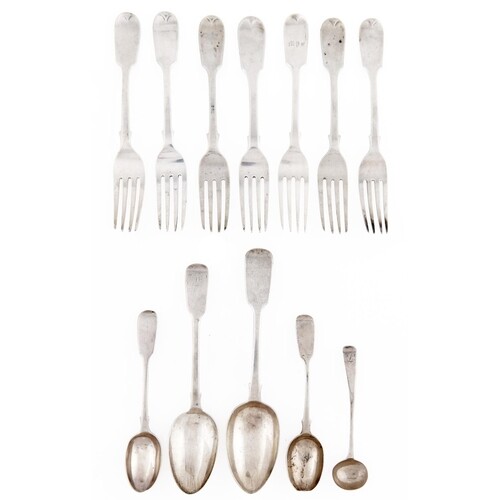Seven Victorian silver dessert forks, Fiddle pattern, by H J...