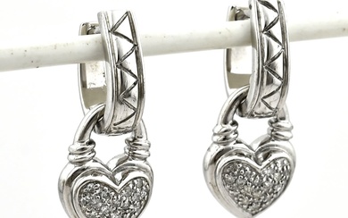 Silver hoop earrings with heart pendants with diamonds