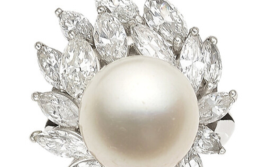 South Sea Cultured Pearl, Diamond, Platinum Ring Stones: Marquise-shaped...
