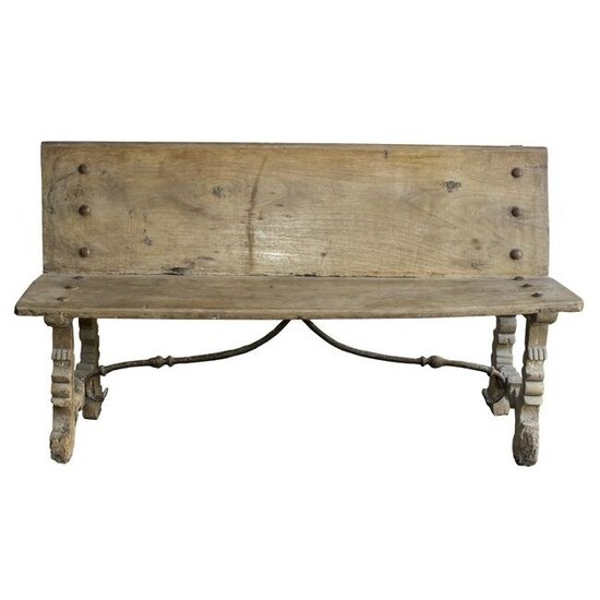 Spanish Baroque Walnut and Wrought Iron Bench, Early