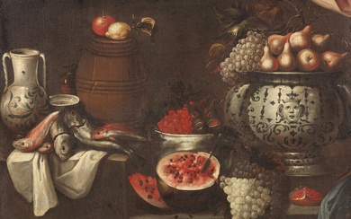 Spanish School 17th Century - Still life with Fruit, Ceramic Vessels and a Small Wooden Barrel