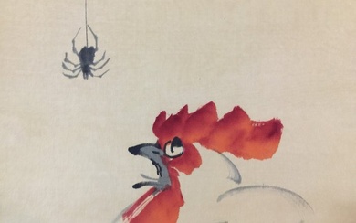 Spider & Rooster / Japanese Vintage Hanging Scroll KAKEJIKU / Silk / Hand Painted - Signed - Japan (No Reserve Price)