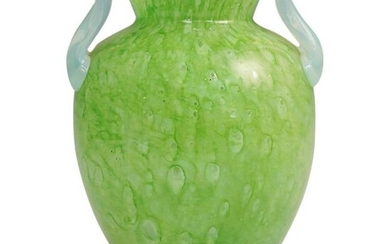 Steuben Moss Green Cluthra Vase with Opaline Handles