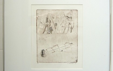 Sys Hindsbo: Two compositions. Signed S. Hindsbo. Etchings. Motif size 17×8.5 cm and 14.5×19 cm. (2)