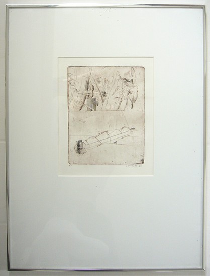 Sys Hindsbo: Two compositions. Signed S. Hindsbo. Etchings. Motif size 17×8.5 cm and 14.5×19 cm. (2)