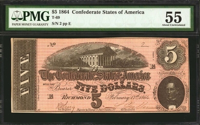 T-69. Confederate Currency. 1864 $5. PMG About Uncirculated 55. Low Serial Number 2.