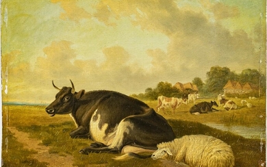 THOMAS SIDNEY COOPER, RA (ENGLISH 1803-1902) OIL ON PANEL, H 9 3/4", W 12 1/4", BUCOLIC LANDSCAPE WITH COWS