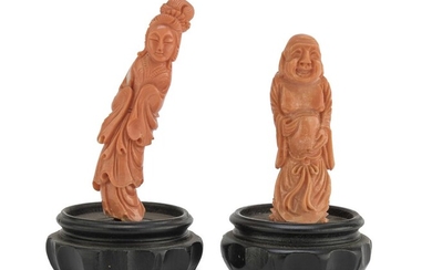 TWO CHINESE CORAL SCULPTURES REPRESENTING BUDAI AND YANG GUFEI EARLY 20TH CENTURY.