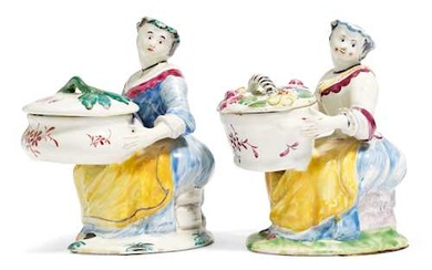 TWO FAIENCE FIGURES AS SPICE BOWLS
