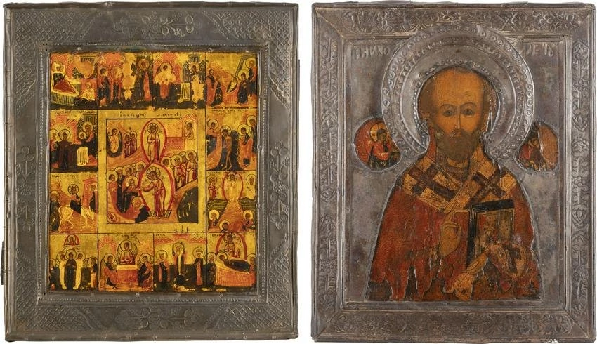 TWO ICONS: ST. NICHOLAS OF MYRA AND A FEAST DAY ICON Russia