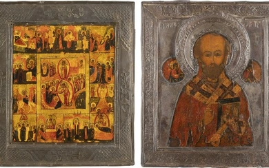 TWO ICONS: ST. NICHOLAS OF MYRA AND A FEAST DAY ICON Russia