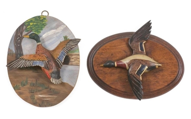 TWO MINIATURE FLYING MALLARD PLAQUES By different makers. One stamped "Chas[?] C. Lawrence Jr.". Heights 6.5" and 7".