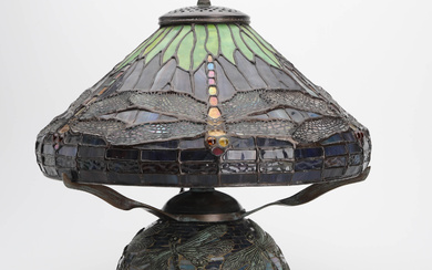 Table lamp in Tiffany style, Art Nouveau, bronze, glass, mosaic, 20th century.