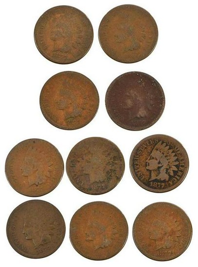 Ten 1877 Bronze Indian Head Cents