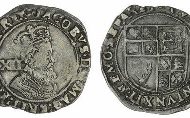 James I (1603-1625), Shillings (2), Second Coinage, 1604-1605, third bust, m.m. lis; another, 1607-1609, fifth bust, m.m. coronet; additionally, Charles I, Group D, Shilling, 1636-1638, Type 3a, m.m. tun
