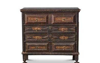 The Lambert Family Fine and Rare Pilgrim Century Paint-Decorated Joined Oak and Pine Chest of Drawers, Essex County, Massachusetts, Circa 1690