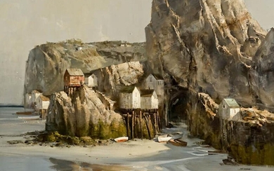 Thomas Andrew Nicholas (American b. 1934), Cliffside Cottages, Oil on Canvas, 24 x 36 inches