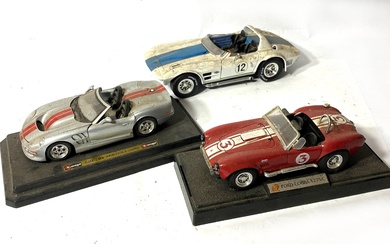 Three Custom Diecast Model Cars, Ford Cobra 427 S/C, Shelby Series 1, Chevrolet Corvette