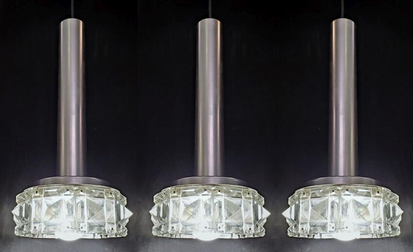 Three Italian 80s Chrome W/Cut Crystal Pendant Lights