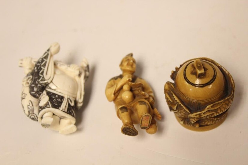 Three Japanese Bone Carved Figurine and Miniature