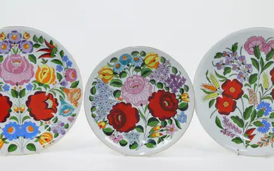 Three Kalocsa porcelain cabinet plates, Hungary, 20th century, blue printed marks, hand-painted...