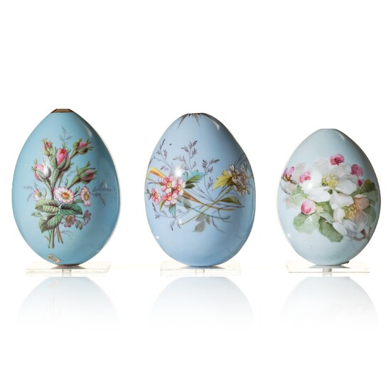 Three Russian porcelain Easter Eggs, circa 1890-1900, presumably Imperial Porcelain Manufactory, St Petersburg.